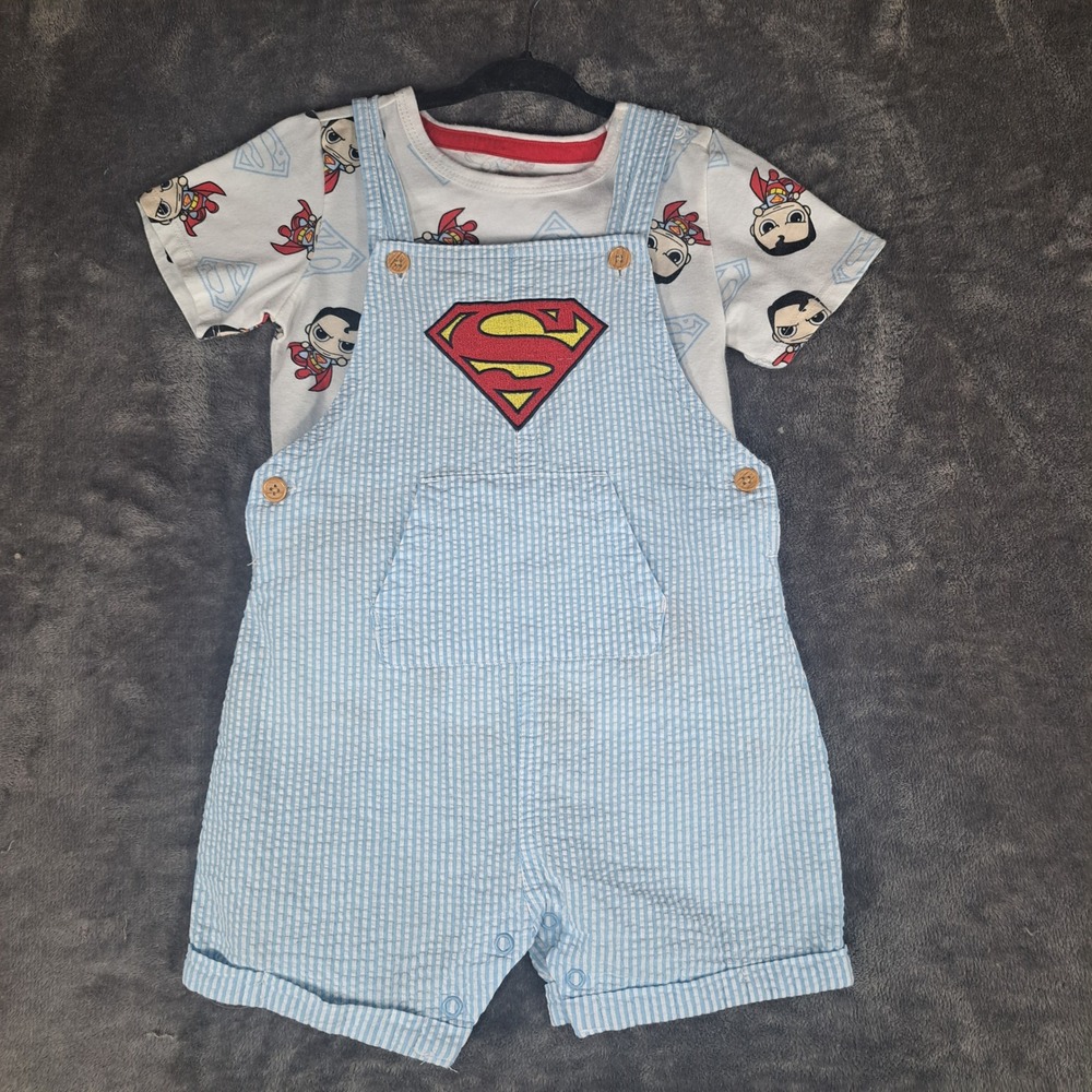 DC Comics Superman Seersucker Shortall T-Shirt Set Light Blue 24M Superhero Geek